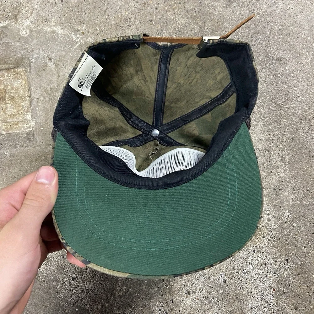 Vintage 80s Ford Cap Leather Strap Back Adjustable Camouflage Motor Racing Logo